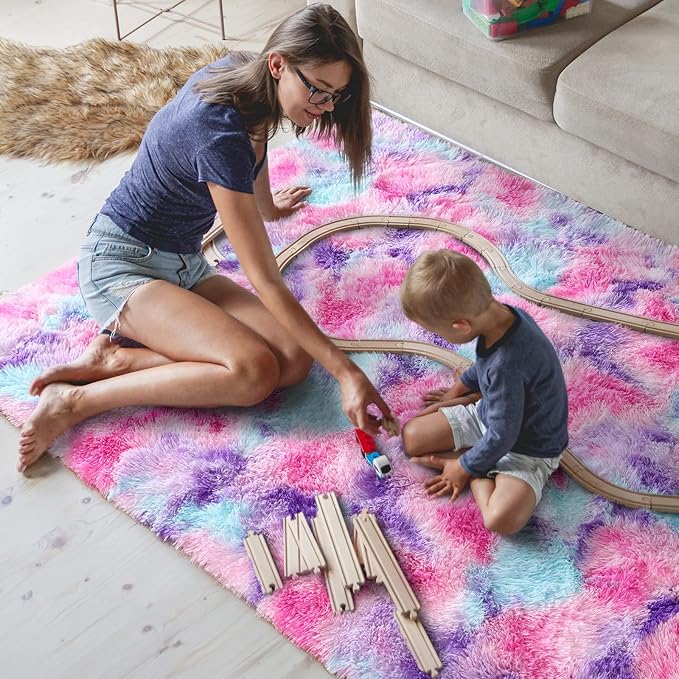 AROGAN Soft Rainbow Area Rugs for Girls Room 5x8 Feet, Fluffy Girls Bedroom Rugs, Princess Rug, Cute Colorful Carpet for Kids Teens Nursery Toddler, Hot Pink