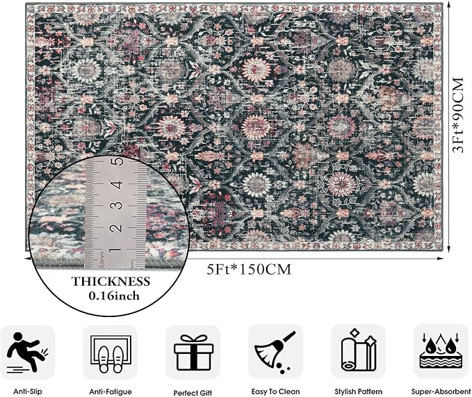Lahome Moroccan Trellis Washable Small Area Rug, 3x5 Black Rug for Bedroom Living Room, Non-Slip Oriental Throw Carpet for Kitchen Office Entryway Bathroom Office Elise, Black/Multi