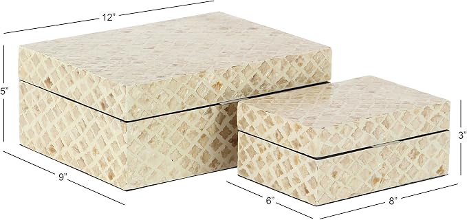 Deco 79 Mother of Pearl Shell Handmade Decorative Box Decorative Keepsake Boxes with Hinged Lid, Set of 2 Storage Boxes 12", 8"W, Cream