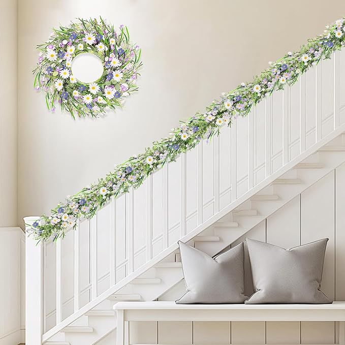 6ft Summer Daisy Garland with Flowers, Faux Daisy and Lavender Flower Garland Artificial with Floral Lanvender for Baby Shower Wedding Mantle Fireplace Table Centerpiece Decor