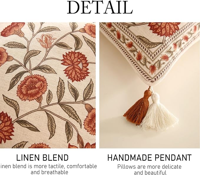 ISAENNE Vintage Linen Square Throw Pillow Cover,Set of 2,18"x18"-Albano A | Designer French Pillow Cover,Concealed Zipper Design,Orange Floral Pattern,Sofa,Bedroom,Living Room,Lounge Chairs