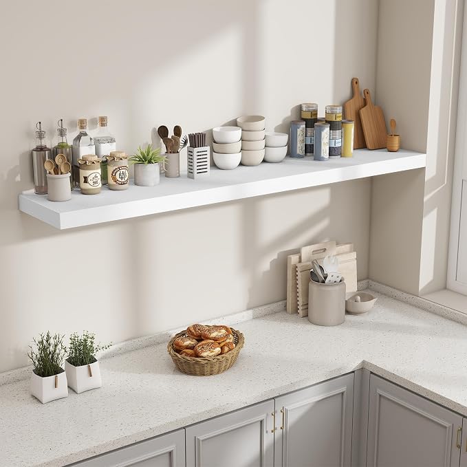 Fun Memories 72 Inch Fireplace Mantel Shelf, 12 Inch Deep Shelves for Display & Wall Storage, Rustic Wood Wall Shelf, Extra Long Floating Shelves for Living Room Laundry Room, White, Set of 2