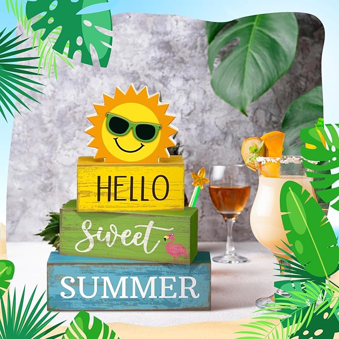 Yuntau 4 Pcs Summer Wooden Tabletop Decor Hello Sweet Summer Tiered Tray Decor Sunshine Centerpiece Rustic Summertime Decorative Block Signs Gift Farmhouse Table Decoration for Home Kitchen