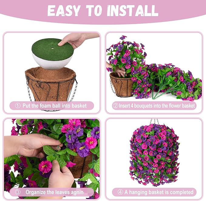 INXUGAO Artificial Flowers with Hanging Basket, Outdoor Faux Plants Silk Morning Glory Vines, Fake Green Arrangement for Garden Patio Spring Summer Decor(4pcs,Purple Red Violet)