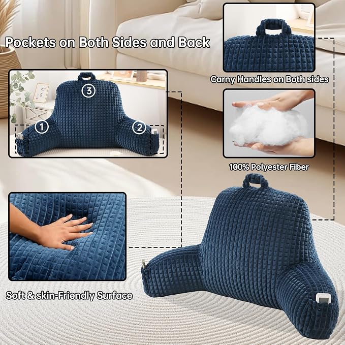 Reading Pillow with Arms for Sitting in Bed,Backrest,Blue Flannel,M | 17" Backrest with Arms Supports Back for College Students,Elbows & Forearms for Dorm Reading,Gaming,Watching TV