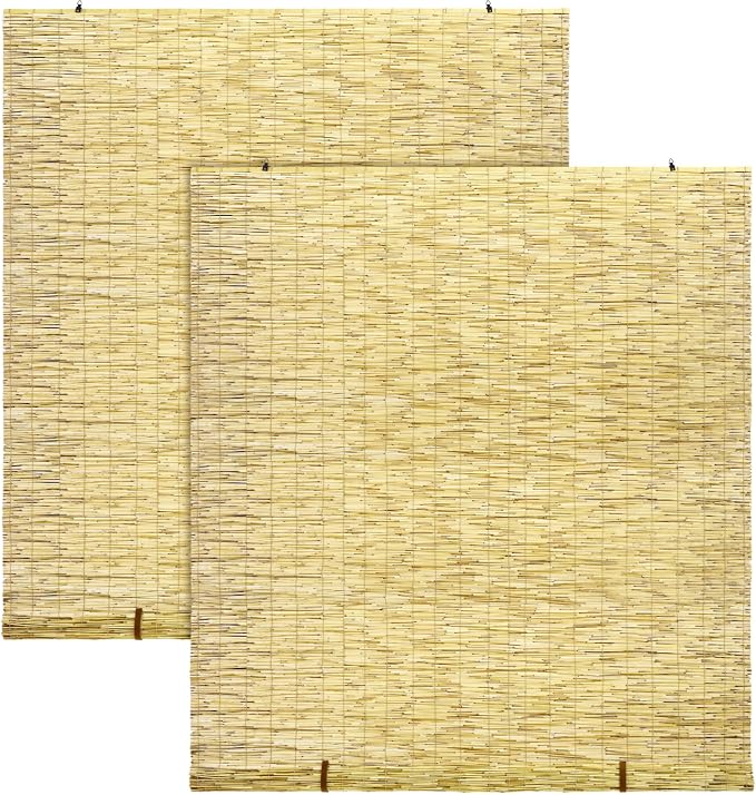 DoubleFill 2 Pcs Bamboo Shades Outdoor Reed Roll up Blinds 48" W x 72" H Blackout Sunshade Cordless Bamboo Blinds for Home Porch, Patio & Windows Decor Shutters Sunlight Privacy Screen(Natural)