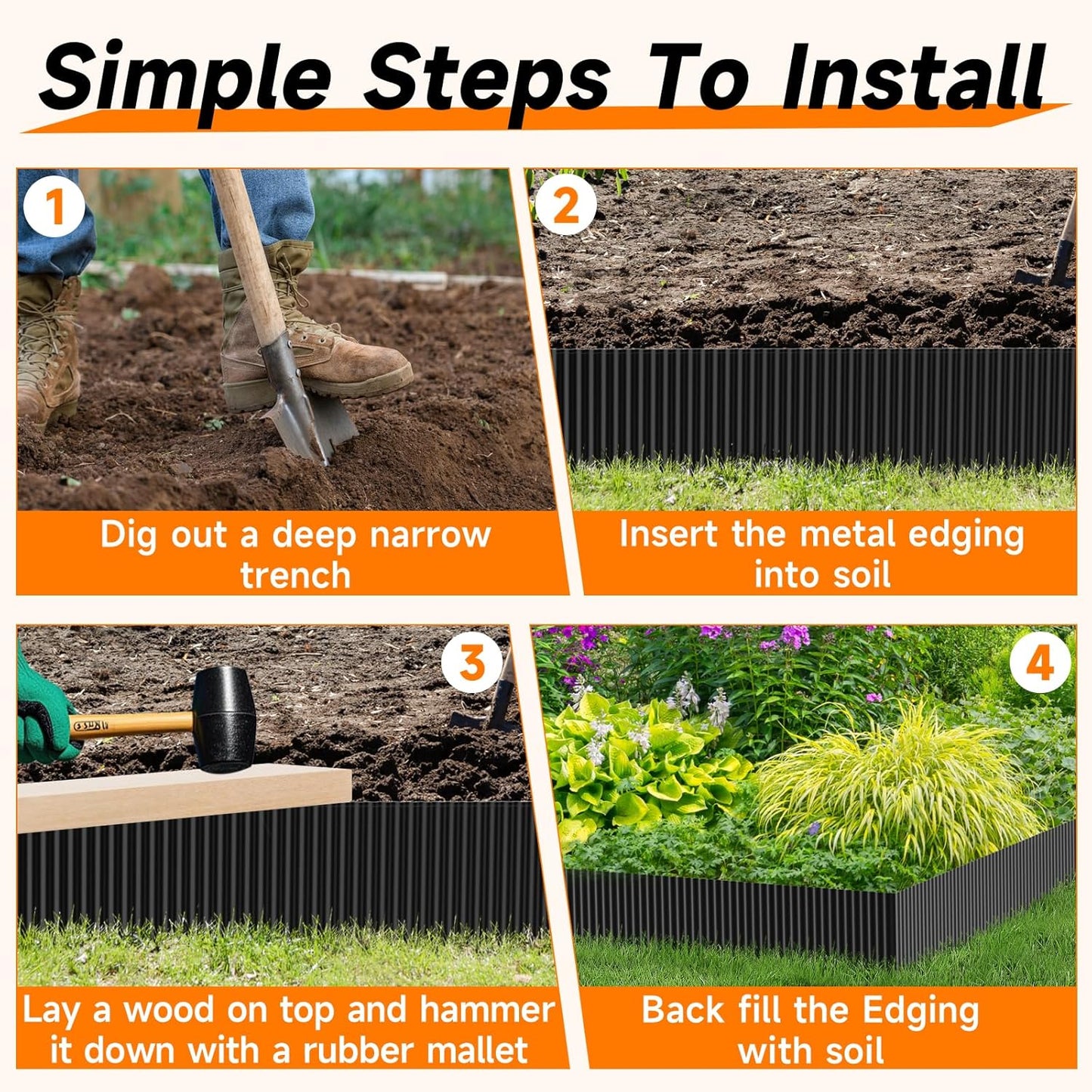 Corrugated Garden Edging, 8"×10Ft Galvanized Steel Landscape Edging & Lawn Edging Border, Metal Garden Border for Flower Beds, Garden，Lawn，Raised Beds & Tree Surrounds (Black)