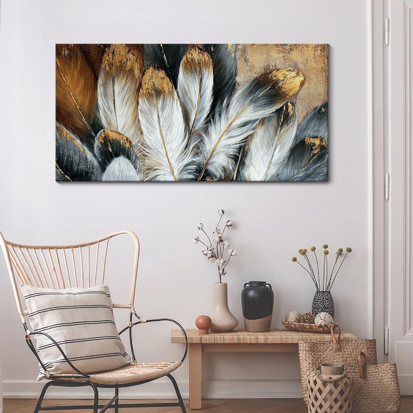Feather Wall Art Modern Living Room Bedroom Wall Decoration Large Giclee Print Canvas Painting Artwork for Home Decor One Piece White Gold Brown Feather Picture Ready to Hang 24x48 Size