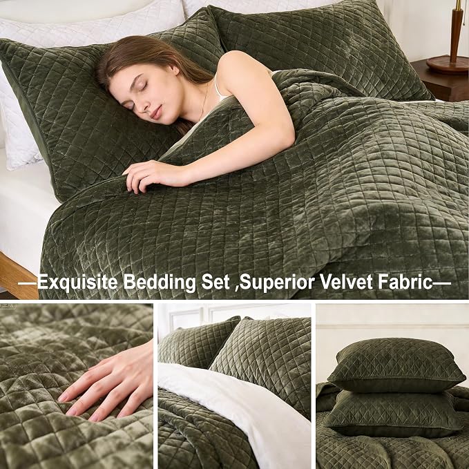 Velvet California King Quilt Size Set 106x118 Luxury Soft Bedspread Coverlet 3-Piece King Comforter Sets with 2 Pillow Shams 20x36 Super Cozy for All Seasons Velvet Bedding Set, Army Green
