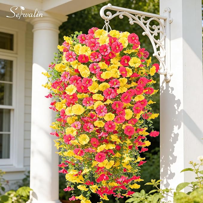 Serwalin Artificial Hanging Flowers for Outdoors UV Resistant, 8PCS Faux Morning Glory Fake Outdoor Flowers Realistic Silk Flower Faux Plants for Outside Planter Front Door Porch Patio Yard Decor