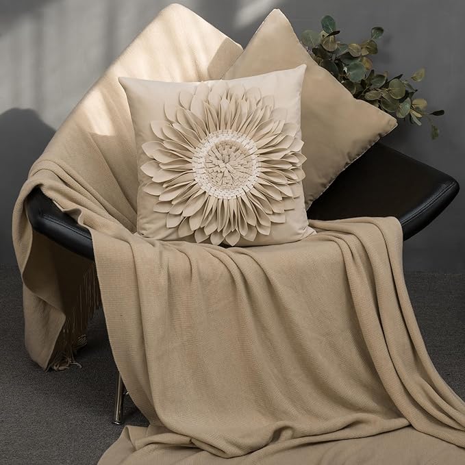 OiseauVoler 3D Sunflower Throw Pillow Cover Decorative Handmade Pillowcase Cushion Cover Case for Home Sofa Bed Living Room Decor 18x18 Inch Tan