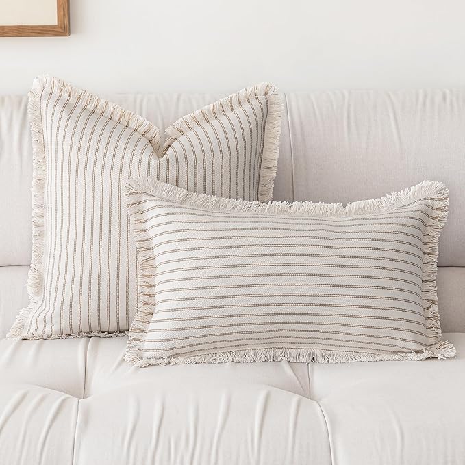 YEENAASY Throw Pillow Covers 16x16 Set of 2 Striped Fringe Pillow Cover Farmhouse Cushion Covers with Tassel Neutral Boho Pillows Decorative Square Pillowcase for Couch Sofa Bed, Khaki