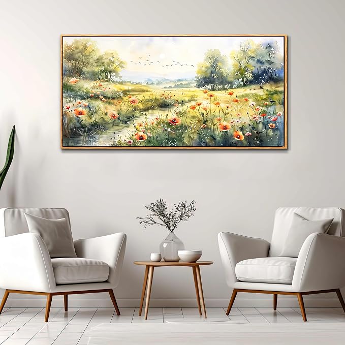 XIGUANGART Canvas Wall Art for Living Room Wildflower Pastoral Scenery Paintings Large Framed Wall Decor Meadow Abstract Pictures Rustic Floral Art Print for Bedroom Office Modern Artwork Decorations