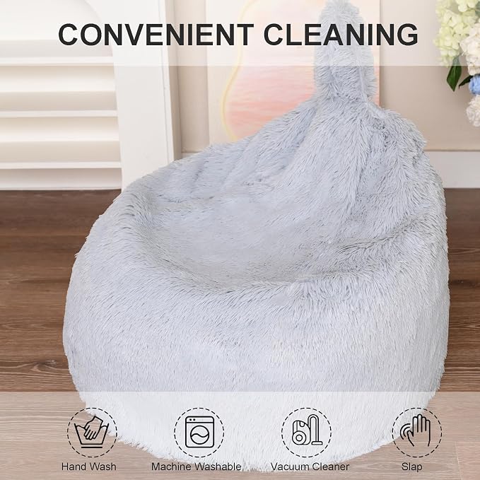 BCU Bean Bag Chair Cover Ultra Soft Fluffy Faux Fur Beanbag Cover Plush Living Room Chairs Cover for Adults and Kids, Grey