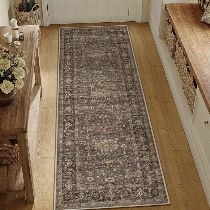 2x4 Washable Area Rug for Entryway Kitchen Vintage Brown Non Slip Low Pile Door Mat Traditional Retro Soft Small Carpet for Bathroom Bedroom Indoor Entrance Dorm