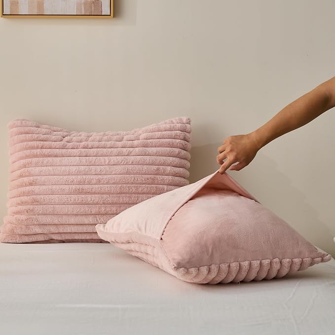 Simple&Opulence Fluffy Faux Fur Comforter Set, Plush Fuzzy Minky Bedding Set, 3 Pieces Warm Soft Comforter Bedding Set for Winter - 1 Shaggy Comforter with 2 Pillow Shams(King, Striped - Pink)