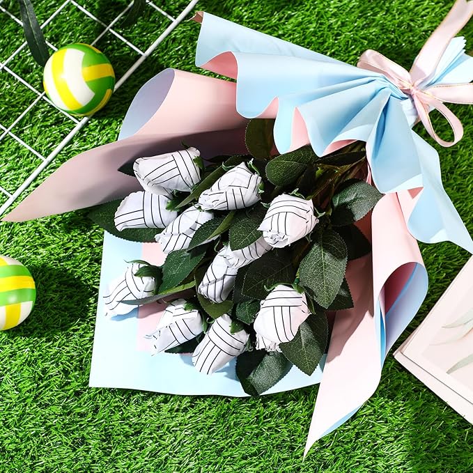 Suhine 24 Pcs Artificial Volleyball Rose Flowers Sports Party Favors Bulk for Birthday Graduation Wedding Party Decoration Table Centerpieces Mom Team Coach Senior Night Gift(Volleyball Color, Normal)