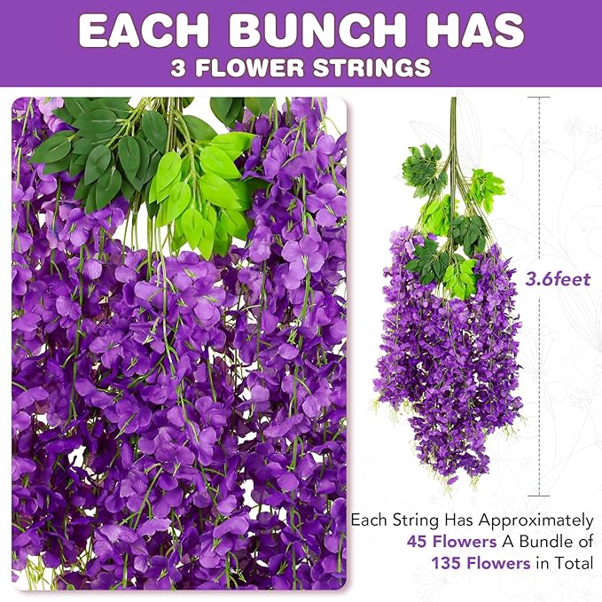 Alotiki Wisteria Hanging Flowers,Fake Hanging Flowers,Wisteria artificiales Garland for Home Wedding Arch Floral Party Garden Ceremony Outdoor Decor,3.6 feet Long(48,Purple)