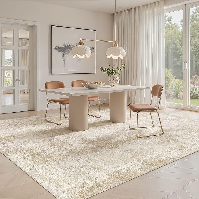 UERMEI Area Rug for Living Room: 9x12 Washable Neutral Abstract Modern Soft Rugs Non Slip Indoor Floor Stain Resistant Large Carpet for Bedroom Dining Room Office Nursery - Beige