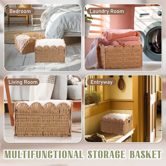Leinuosen 4 Packs Scalloped Wicker Storage Basket Paper Rope Pantry Baskets for Shelves Organizing Toilet Paper Foldable Rattan Cube Storage Bins Boho Organizer Bins for Home, 13 x 11 x 7.9 Inches