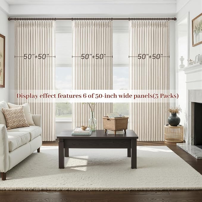Birch Pinch Pleated Short 63 Inch Curtains for Kitchen Windows 2 Panels Set, Memory Trained Pinch Pleat Light Filtering Sheer Boho Cafe Curtain Natural Linen Privacy Small Drapes with Rings 50W x 63L