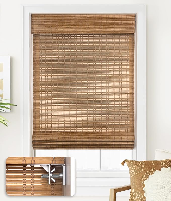 LazBlinds No Drill Bamboo Roman Shades, 33x64, Tuscan B | Light Filtering Window Treatment, No Tools Cordless Roll Up Bamboo Blinds for Window