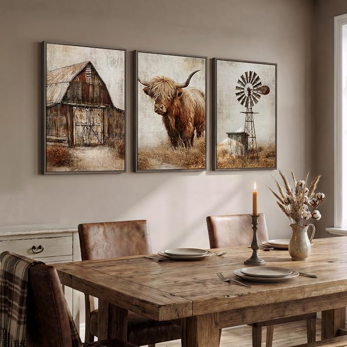 Framed Farmhouse Cow Wall Art for Living Room, Large Vintage Country Highland Cow Canvas Paintings Wall Decor Set of 3, Retro Rustic Country Pictures Prints for Bedroom Dining Room Hallways Office 20x30 In