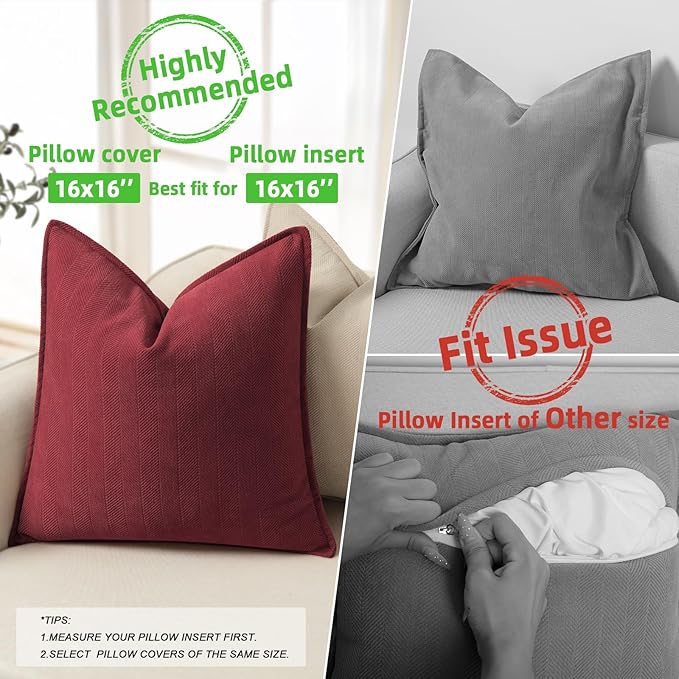 ZWJD Burgundy Pillow Covers 16x16 Set of 2 Chenille Throw Pillow Covers with Elegant Design Soft and Luxurious Decorative Throw Pillows for Couch, Bed, and Home Decor