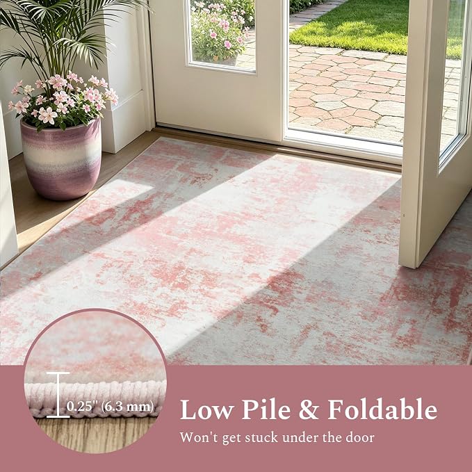 Rugflix 5x7 Area Rugs for Nursery Girls Room, Washable Large Rug Stain-Resistant Low Pile, Modern Non Slip Carpet for Kids Bedroom Living Room Home Office, Pink/White