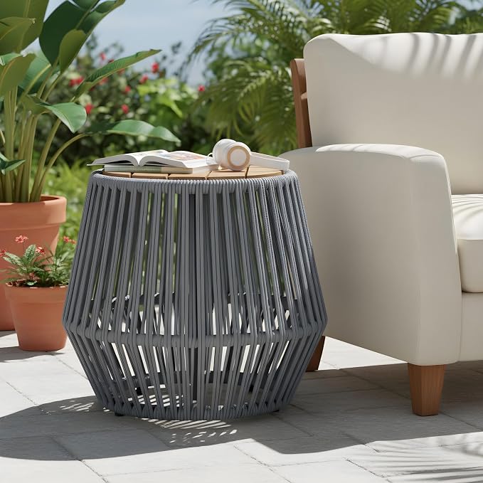 Christopher Knight Home Norshire Outdoor Side Table with Rope Base, Acacia Wood End Table, Round Patio Table, Accent Table for Garden Balcony Poolside and Indoor Use, Garden Stool, Beige+Light Teak