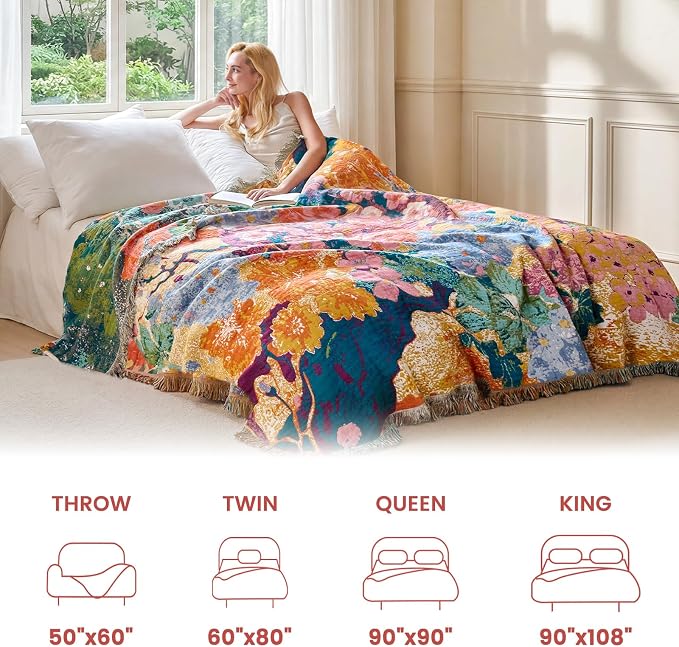MSGKV Boho Throw Blanket for Bed 60"x80" Cotton Couch Blankets Floral Twin Size Summer Breathable Farmhouse Blankets All Seasons Lightweight Muslin