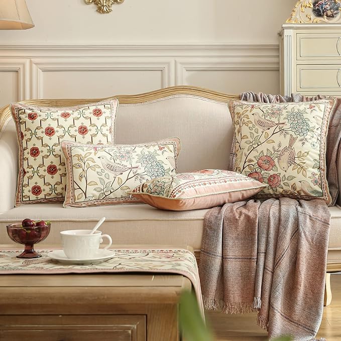 patdrea Designer French Velvet Throw Pillow Cover,Set of 4,-Kulom ABCA | Elegant Vintage Lumbar Pillow Case,Pink Floral and Leaves Pattern,Decorative Pillow Cover for Couch Living Room Bedroom