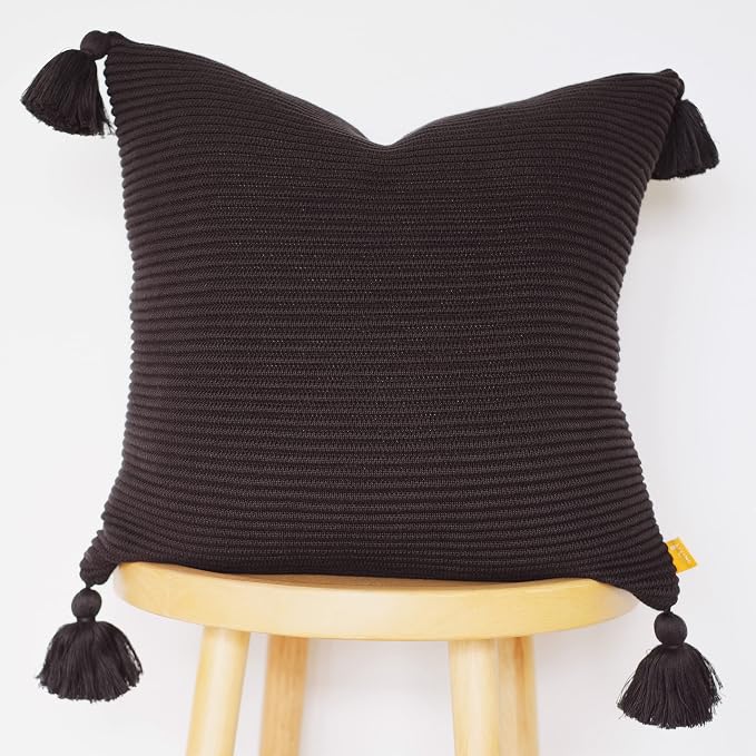 100% Soft Cotton Raised Stripes Textured Rib Knit Throw Pillow Cover with Tassels (Black, 20" x 20")