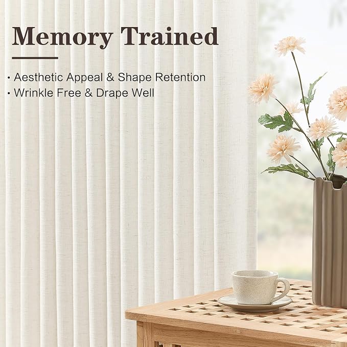 102 Inch Long Curtains Beige White Pinch Pleated Curtain for Living Room, Floor to Ceiling Light Filtering Pleat Drapes Textured Thick Semi-Sheer Curtains with Hooks for Bedroom Farmhouse 2 Panels