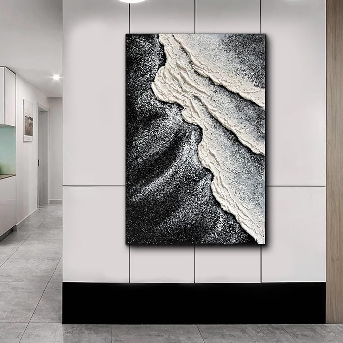 Creespi Hand Painted Black and White Abstract Canvas Wall Art 24x36 inch,Textured Ocean Wave Landscape Oil Painting Home Wall Decor