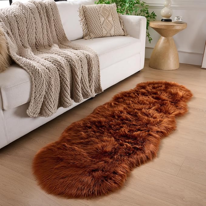 Faux Fur Sheepskin Runner Rug Caramel 2x6 ft Ultra Soft Shaggy Plush Fluffy Fuzzy Area Carpet Decorative Chair Cover Floor Mat for Bedroom Sofa Living Room Bedside