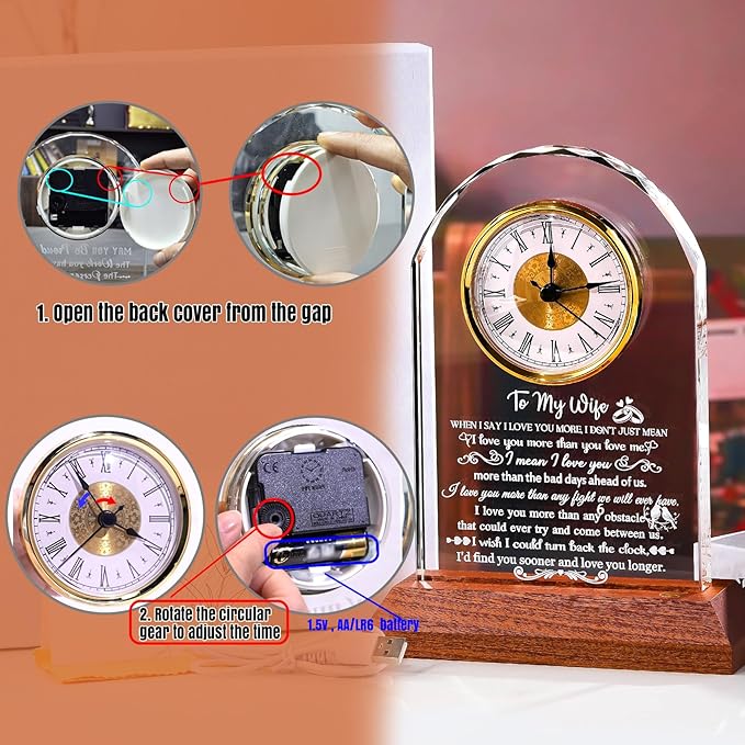 Gifts for Wife from Husband - Crystal Clock with Wooden Light Base, Christmas, Birthday, Wedding Anniversary Wife Gifts Ideas, to My Wife Plaque Presents for Valentine's Mother's Day