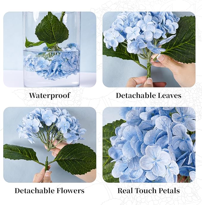 4 Pcs Hydrangea Artificial Flowers, 21'' Real Touch Latex Faux Hydrangeas,Fake Flowers Bouquets for Floral Arrangements Outdoor Wedding Kitchen Table Centerpiece Home Decoration（2White & 2Light Blue）