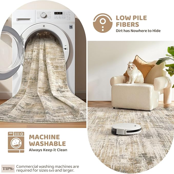 UERMEI 7x9 Washable Area Rug for Living Room: Modern Neutral Abstract Large Soft Low Pile Carpet Non-Slip Pet Kids Friendly Indoor Decor for Bedroom Dining Room Home Office Nursery Golden Brown