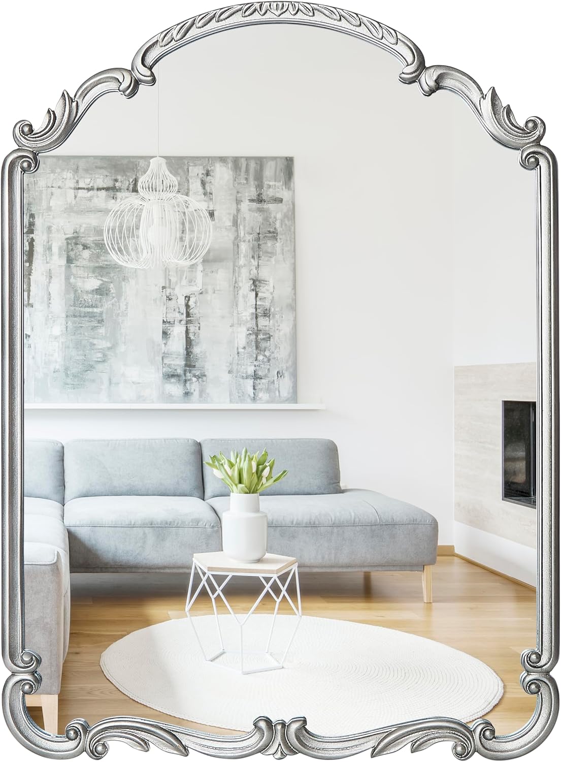 English Estate Carved Arch Wood Wall Mirror, Mirror for Entryway, Living Room, Bathroom, Antique Silver, 20.9x28.9