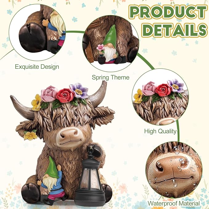 Karenhi 2 Pcs Spring Highland Cow Figurines, Garden Flower Crown Resin Cow Statues with Lantern & Welcome Sign, Gnomes Calf Lovers Gifts for Home Garden Kitchen Office Tiered Tray Table Decor