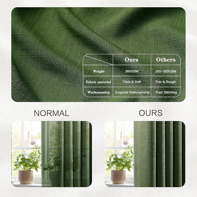 Olive Green Christmas Curtains for Living Room Pinch Pleated Linen Curtain 96 Inches Long, Loden Light Filtering Pleat Drapes Thick Ceiling Semi-Sheer Window Curtain with Hooks for Bedroom, 2 Panels