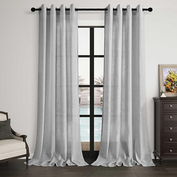 Gray Curtains 102 Inches Long 2 Panels Flax Drapes Semi Sheer Living Room Curtain Boho Farmhouse Natural Light Filtering Pale Grey Dove Slate Curtains for Patio Door Bedroom 102 Inch Length Grommet