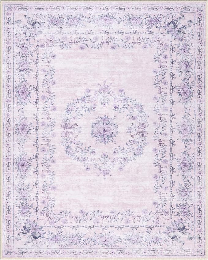 Wonnitar Floral Print 8x10 Washable Rug, Purple Bow Room Decor for Girls Bedroom, Ultra-Thin Non Slip Soft 8 x 10 Large Boho Carpet for Living Room Baby Nursery Kids Playroom