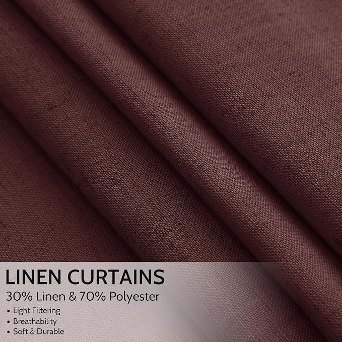 Nanspring Reddish Brown Linen Blend Light Filtering Back Tab Curtains 108 Inches Long, Semi Sheer Privacy Drapes for Living Room & Bedroom, 52x108 inch, 2 Panels