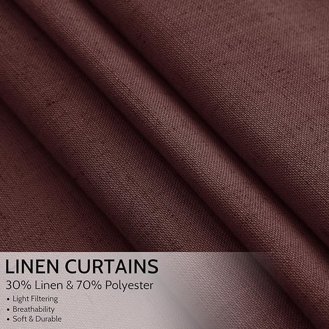 Nanspring Reddish Brown Linen Blend Light Filtering Back Tab Curtains 102 Inches Long, Semi Sheer Privacy Drapes for Living Room & Bedroom, 52x102 inch, 2 Panels