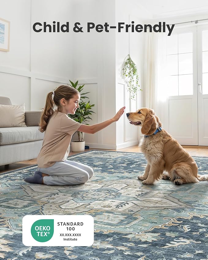 AMADA HOMEFURNISHING Washable Area Rug, Low-Profile Large Area Rug with Non-Slip Backing & Durable Edge Binding, Vintage Large Rugs for Living Room, Bedroom, Dinning Room (8x10, Blue/Yellow)
