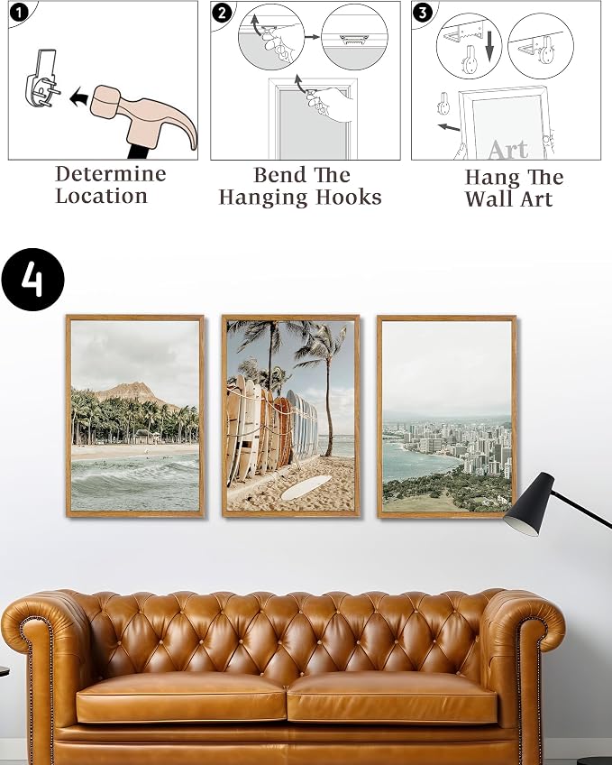 UPWOIGH Hawaii Coastal Framed Wall Art, 16 x 24 Inch, Set of 3 | Surfboard Beach, Diamond Head and Honolulu Prints, Soft Coastal Tones, Light Wood Frames for Living Room and Office