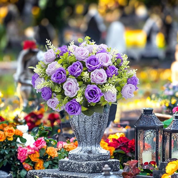 TURNMEON 40 Heads Fake Roses Artificial Flowers for Outdoors, 4 Bouquets UV Resistant Fake Flower Bouquet Faux Silk Roses for Wedding Birthday Party Home Mother's Day Cemetery Summer Decor(Purple)