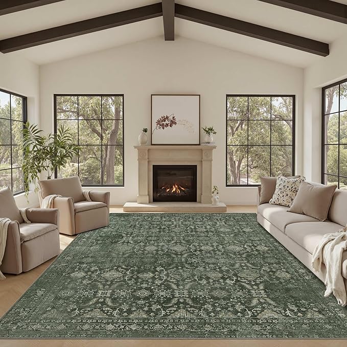 Rugxara 8x10 Area Rugs for Living Room Bedroom, Large Washable Rug, Green Vintage Floral Boho Rug, Non Slip & Low Pile Faux Wool Thin Carpet for Indoor Dining Room and Kids Room(Green 8x10ft)